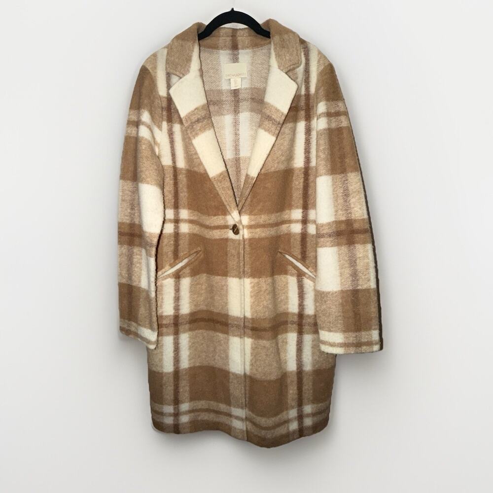 Cynthia Rowley Tan Plaid Long Coat Jacket Womens L Wool Blend Cozy